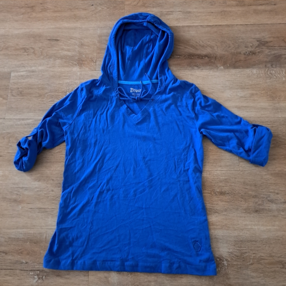 Crivit Royal Blue 3/4 Sleeve Hoodie 100% Cotton Top Women's size Small NWOT